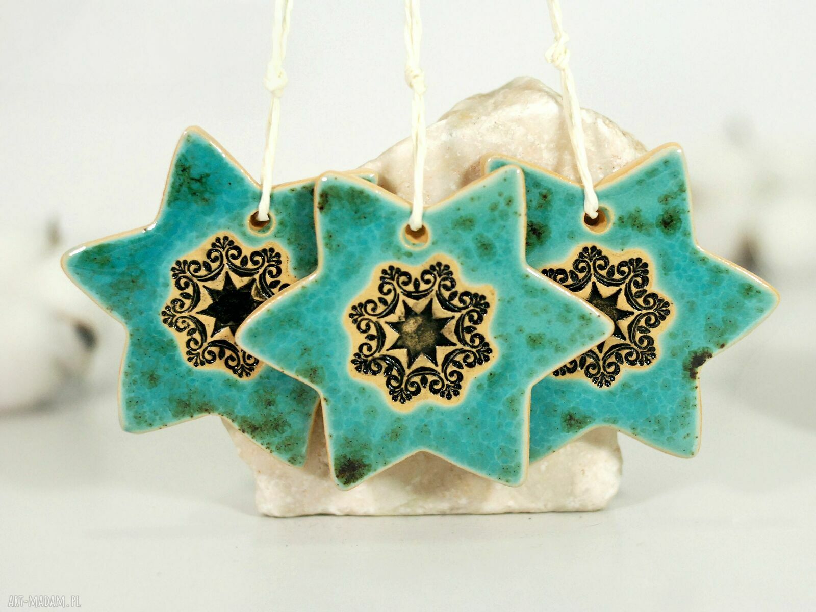 Turkusowe gwiazdki choinkowe - ozdoby ceramiczne (zestaw 3)