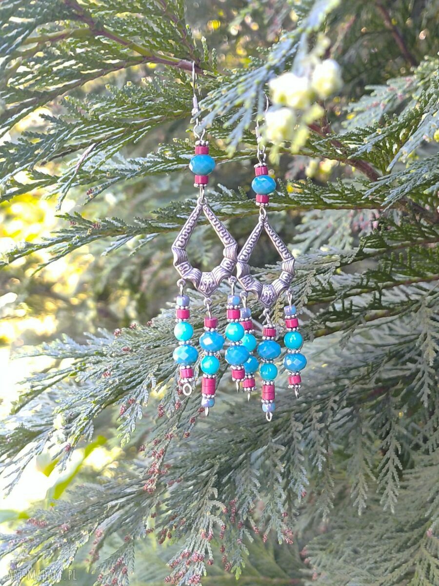 Turkusowe kolczyki z koralików i czerwonego korala - Floral boho