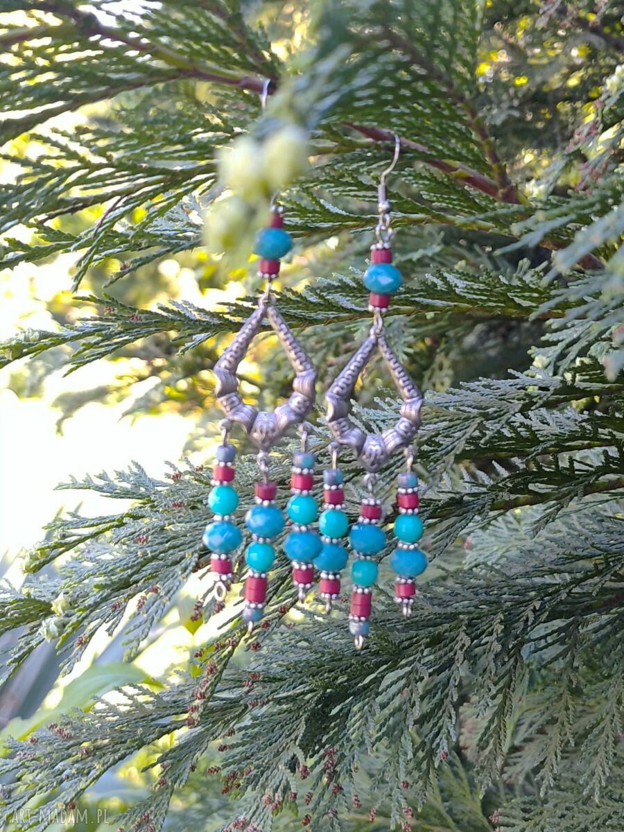Turkusowe kolczyki z koralików i czerwonego korala - Floral boho
