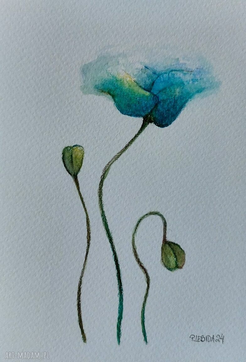 Turkusowe maki - oryginalna akwarela 18x12,5 cm