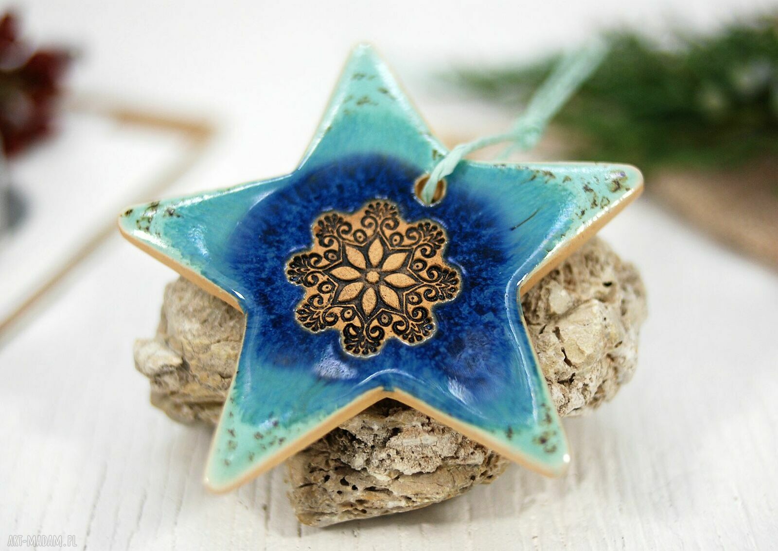 Turkusowe gwiazdki laguna - ceramiczne ozdoby choinkowe do powieszenia (3 szt.)