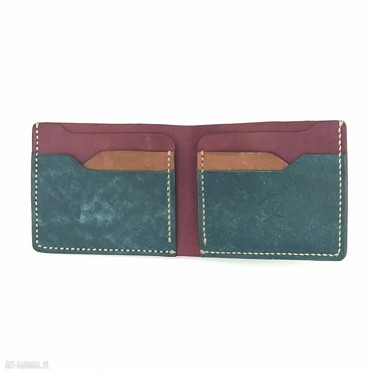 Turkusowo czerwony portfel skórzany ręcznie uszyty karty