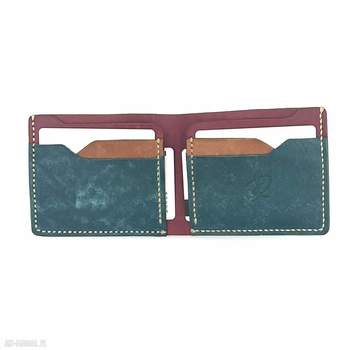 portfele: Turkusowo czerwony portfel skórzany uszyty na karty. Ręcznie robione
