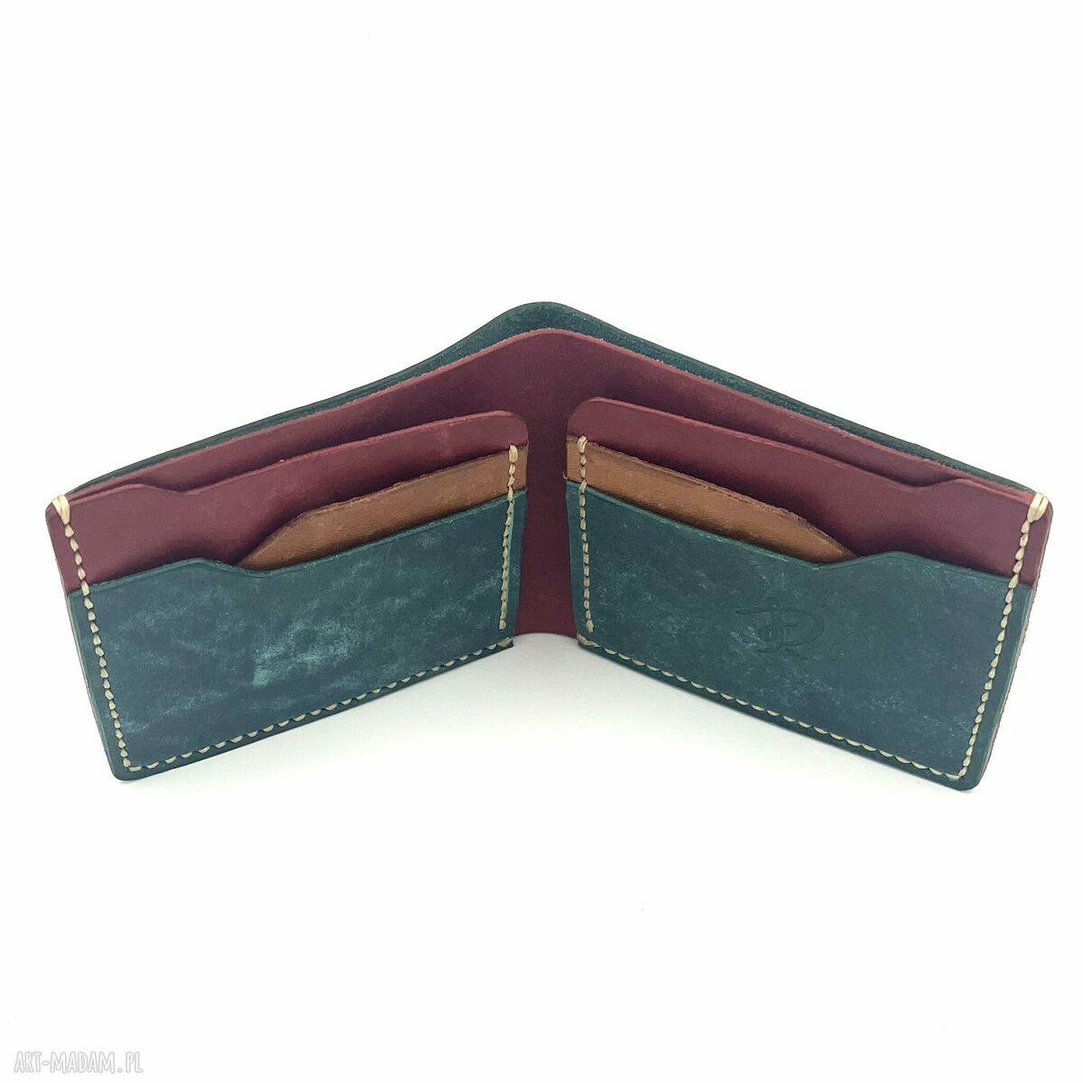 portfele: Turkusowo czerwony portfel skórzany uszyty na karty. Ręcznie robione