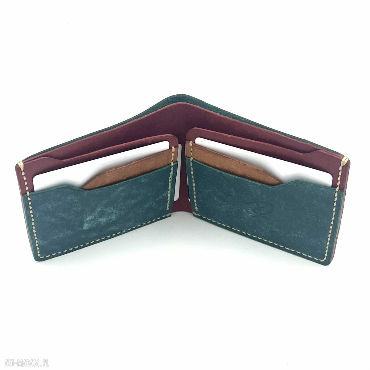 portfele: Turkusowo czerwony portfel skórzany uszyty na karty. Ręcznie robione