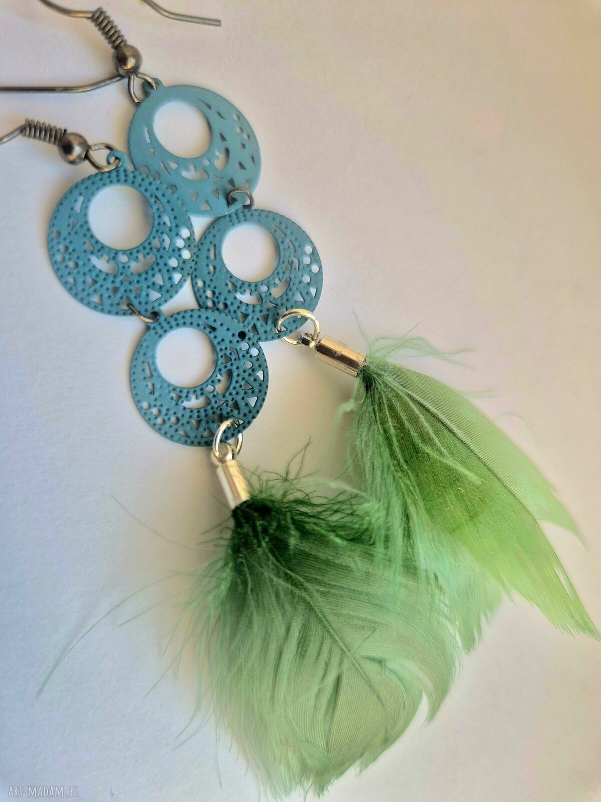 Kolczyki turkusowo-zielone boho - lekkie piórka na imprezę