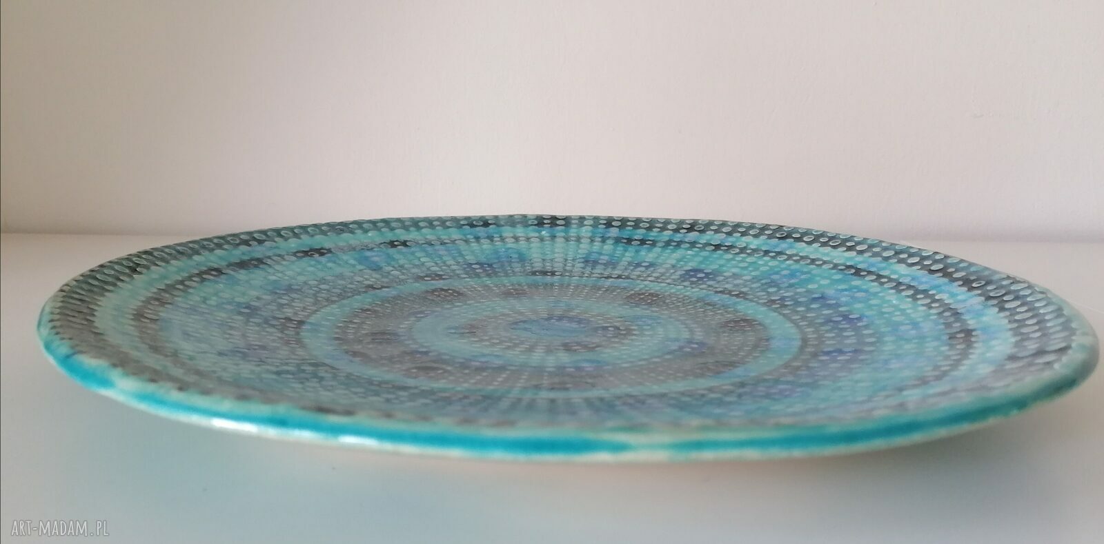 Patera „turkusowo na okrągło” z gliny szamotowej - turkusowa ceramika handmade