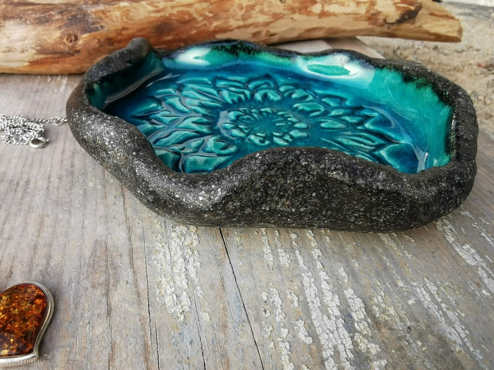 Turkusowy ceramiczny talerzyk c84 - ręcznie robiona podstawka na biżuterię i tealight