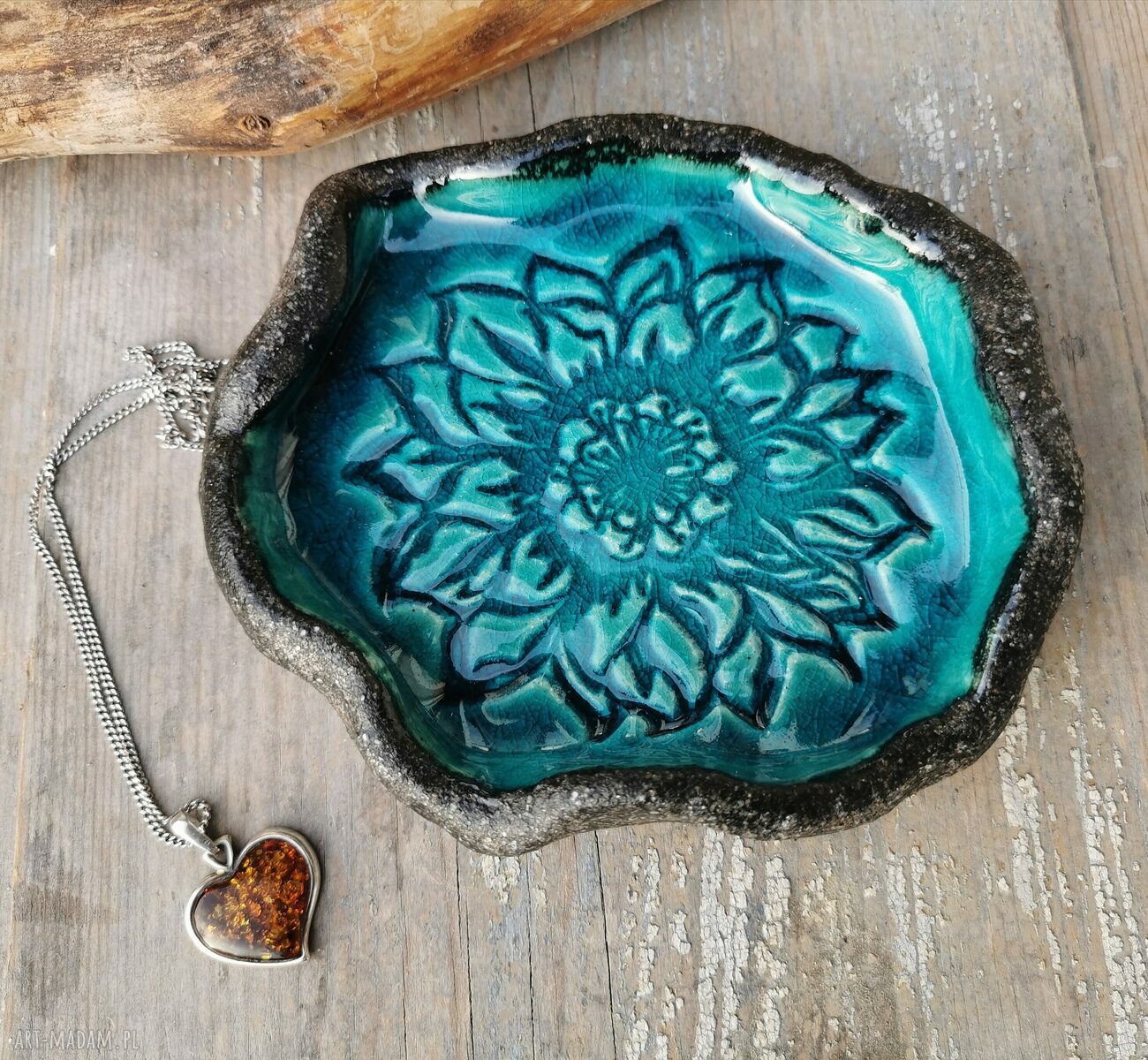 Turkusowy ceramiczny talerzyk c84 - ręcznie robiona podstawka na biżuterię i tealight