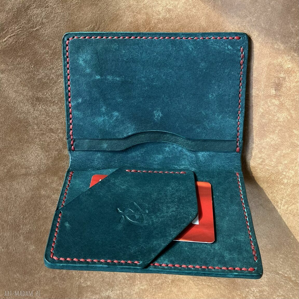 portfele: Turkusowy duży portfel ze skóry uszyty . ręcznie wykonane