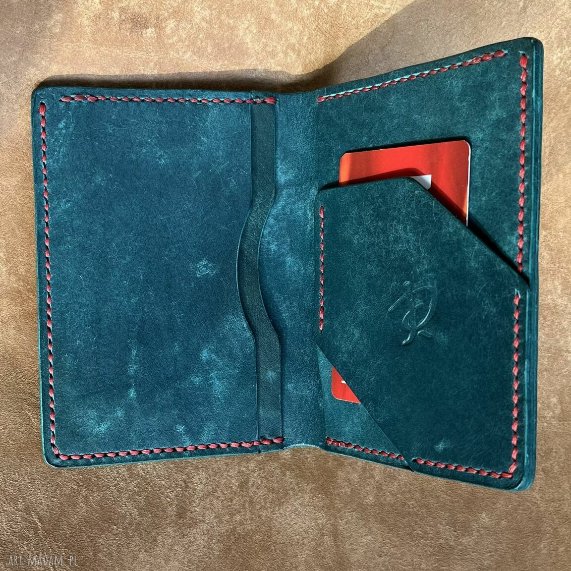 Turkusowy duży portfel skóry uszyty ręcznie dowód rejestracyjny
