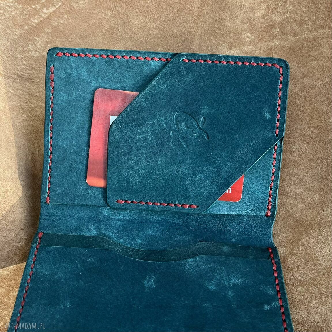 portfele: Turkusowy duży portfel ze skóry uszyty . ręcznie wykonane