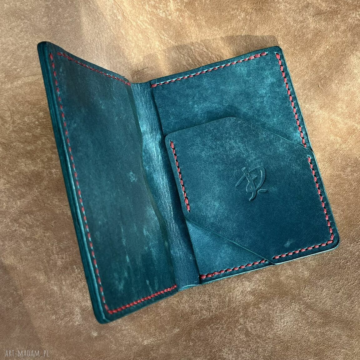 portfele: Turkusowy duży portfel ze skóry uszyty . ręcznie wykonane