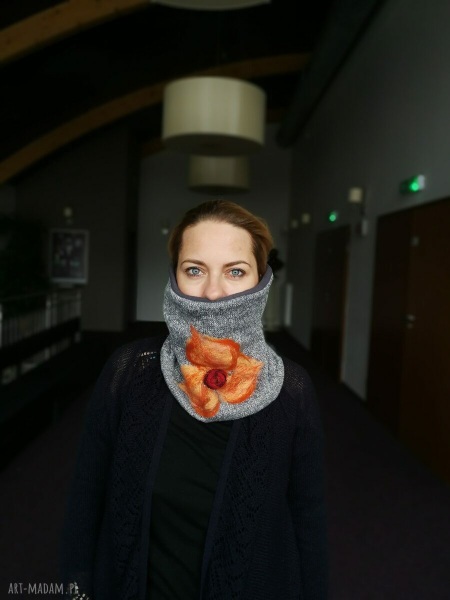 Turkusowy komin zimowy boho na podszewce - wełna merino filcowana