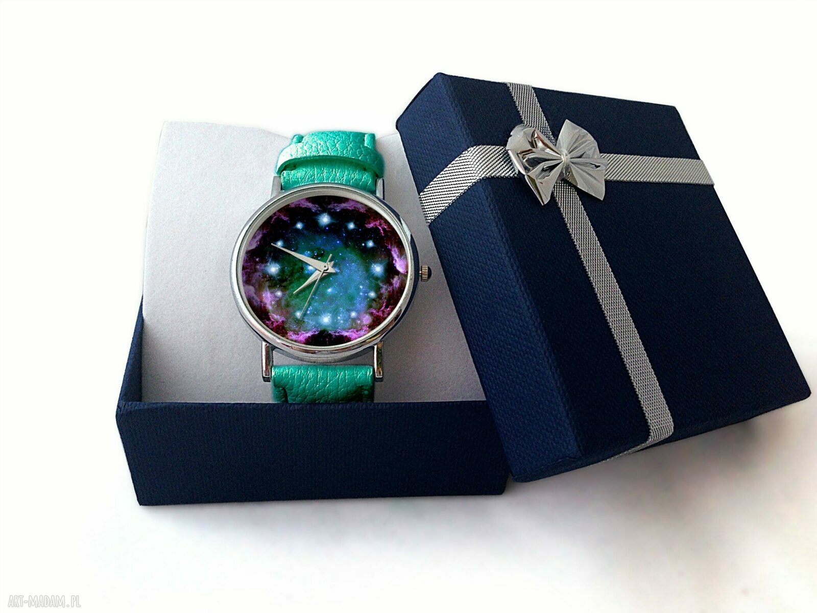 zegarki: Turkusowy kosmos Skórzany zegarek z dużą tarczą hand made