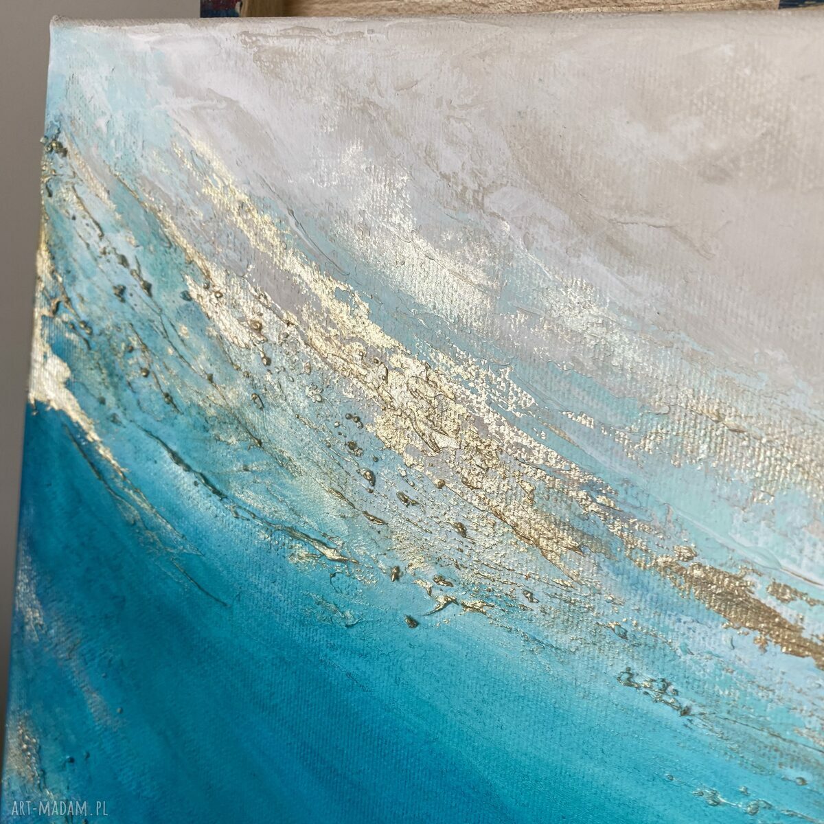 Turkusowy obraz Maldives VIII 50x50 cm - nowoczesna abstrakcja z metalicznym złotem