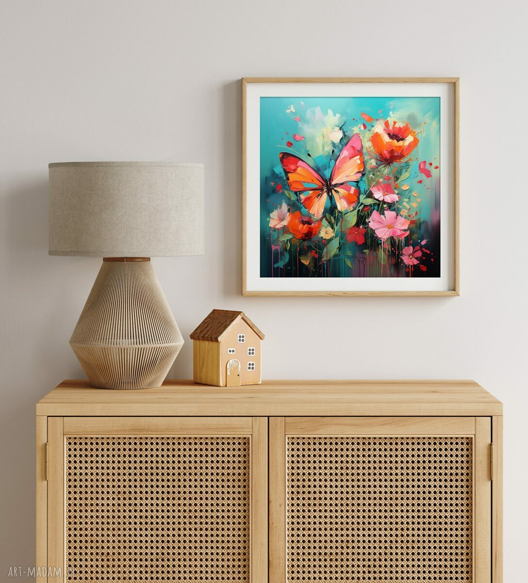 Turkusowy plakat z motylem i kwiatami - kolorowa abstrakcja 50x50 cm
