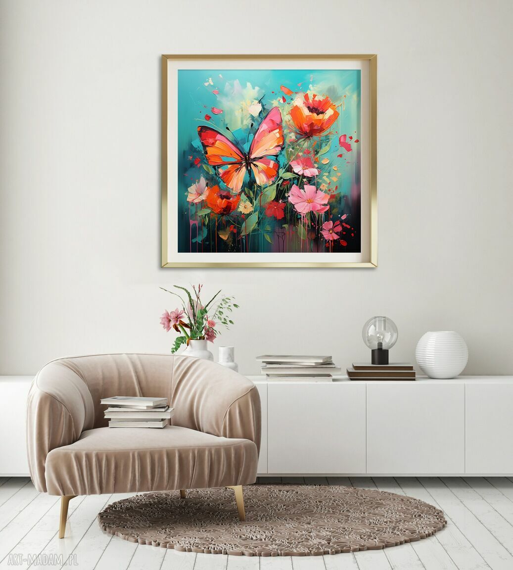 Turkusowy plakat z motylem i kwiatami - kolorowa abstrakcja 50x50 cm
