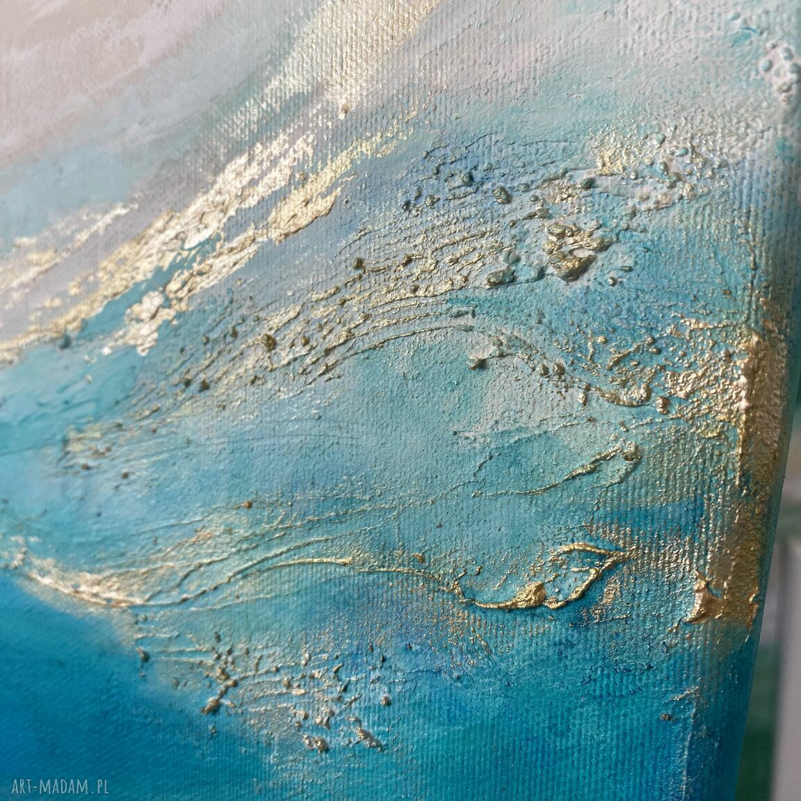 Turkusowy obraz Maldives VIII 50x50 cm - nowoczesna abstrakcja z metalicznym złotem