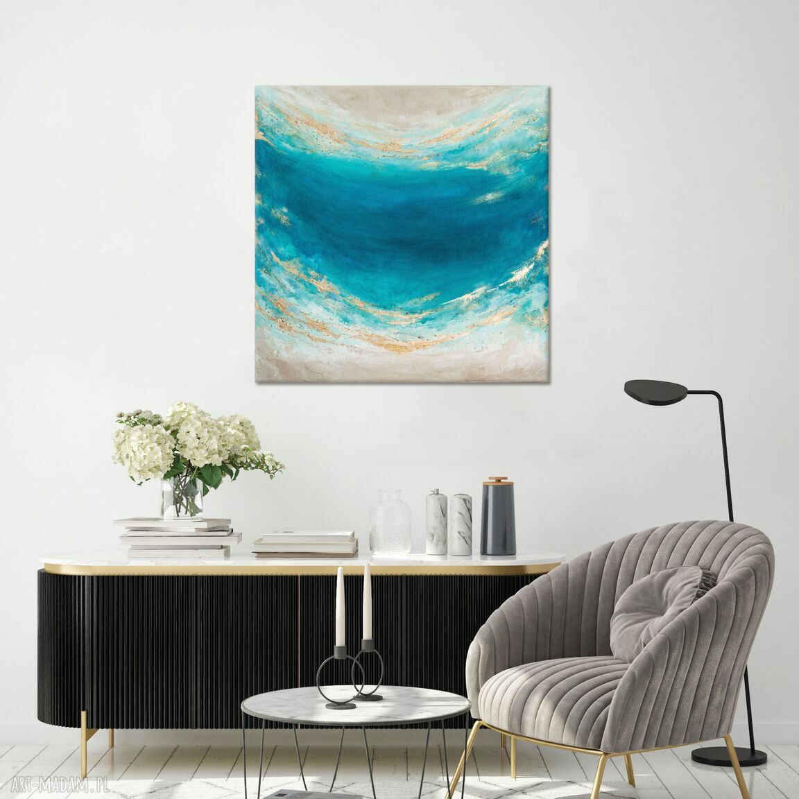 Turkusowy obraz Maldives VIII 50x50 cm - nowoczesna abstrakcja z metalicznym złotem