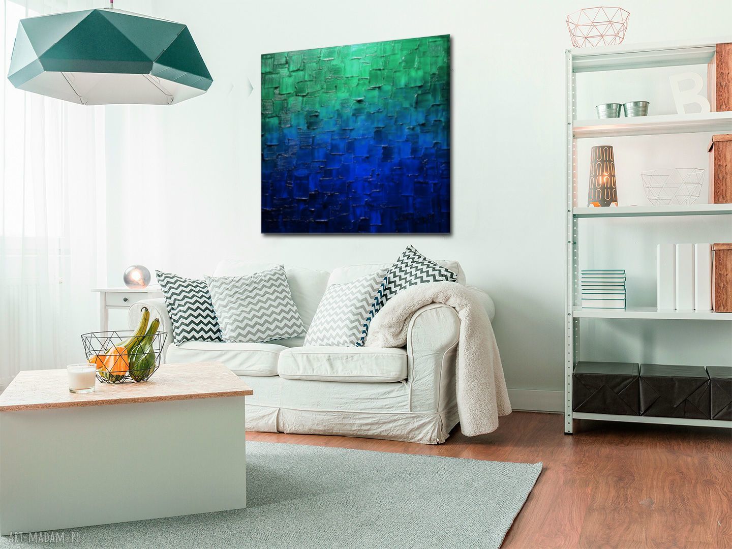 Turkusowy obraz abstrakcyjny 80x80 cm - ręcznie malowana faktura