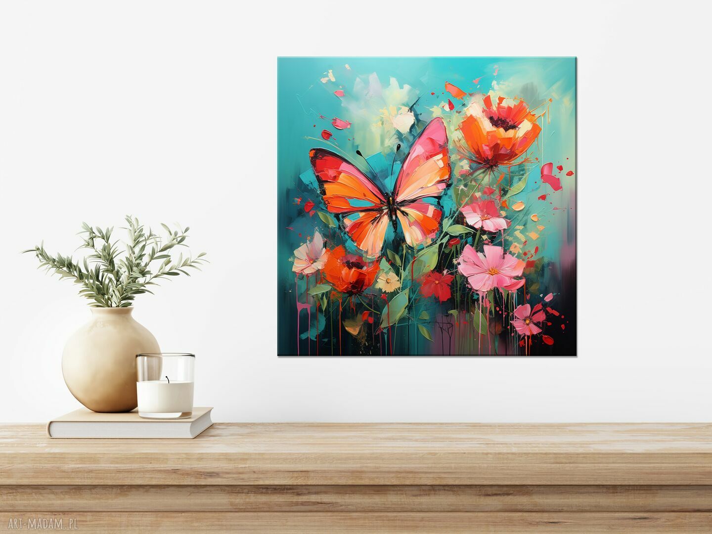 Turkusowy plakat z motylem i kwiatami - kolorowa abstrakcja 50x50 cm