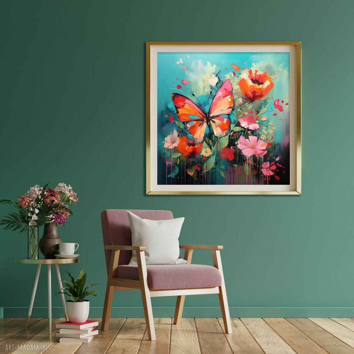 Turkusowy plakat z motylem i kwiatami - kolorowa abstrakcja 50x50 cm