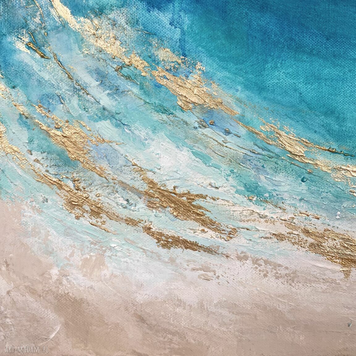 Turkusowy obraz Maldives VIII 50x50 cm - nowoczesna abstrakcja z metalicznym złotem