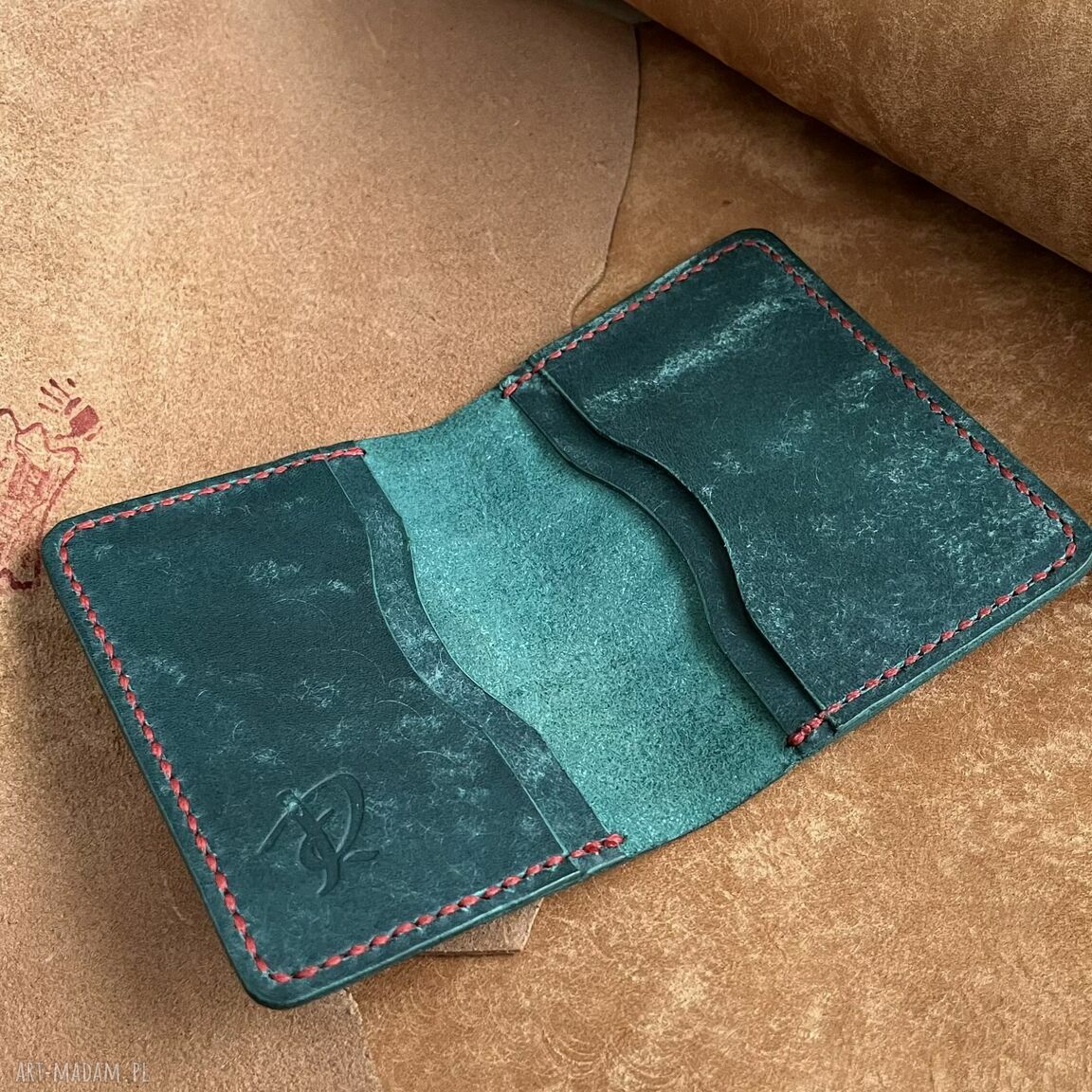 portfele: Turkusowy portfel na karty ze skóry uszyty. ręcznie wykonane