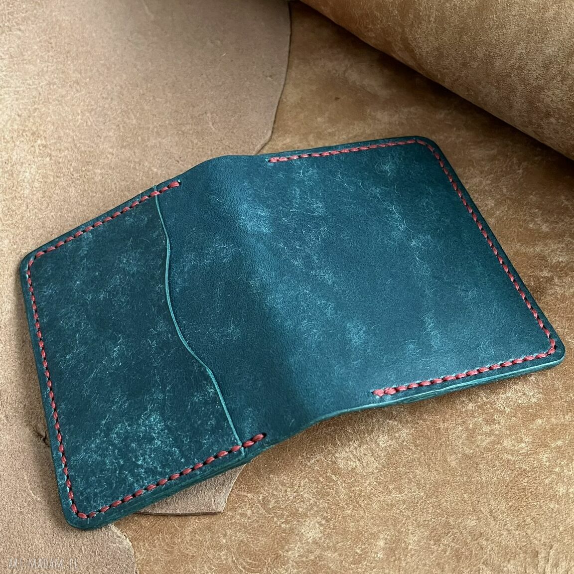 portfele: Turkusowy portfel na karty ze skóry uszyty. ręcznie wykonane