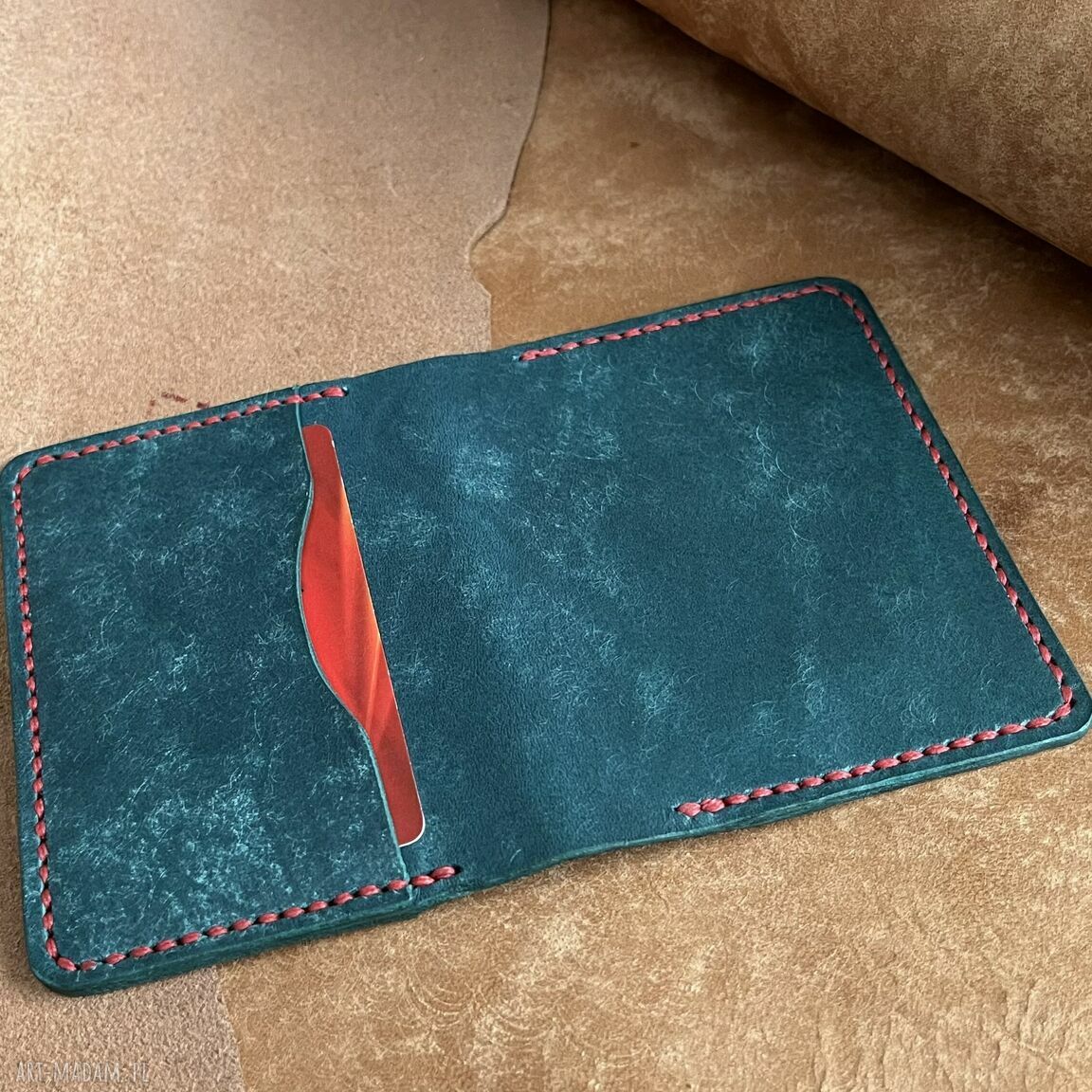 portfele: Turkusowy portfel na karty ze skóry uszyty. ręcznie wykonane