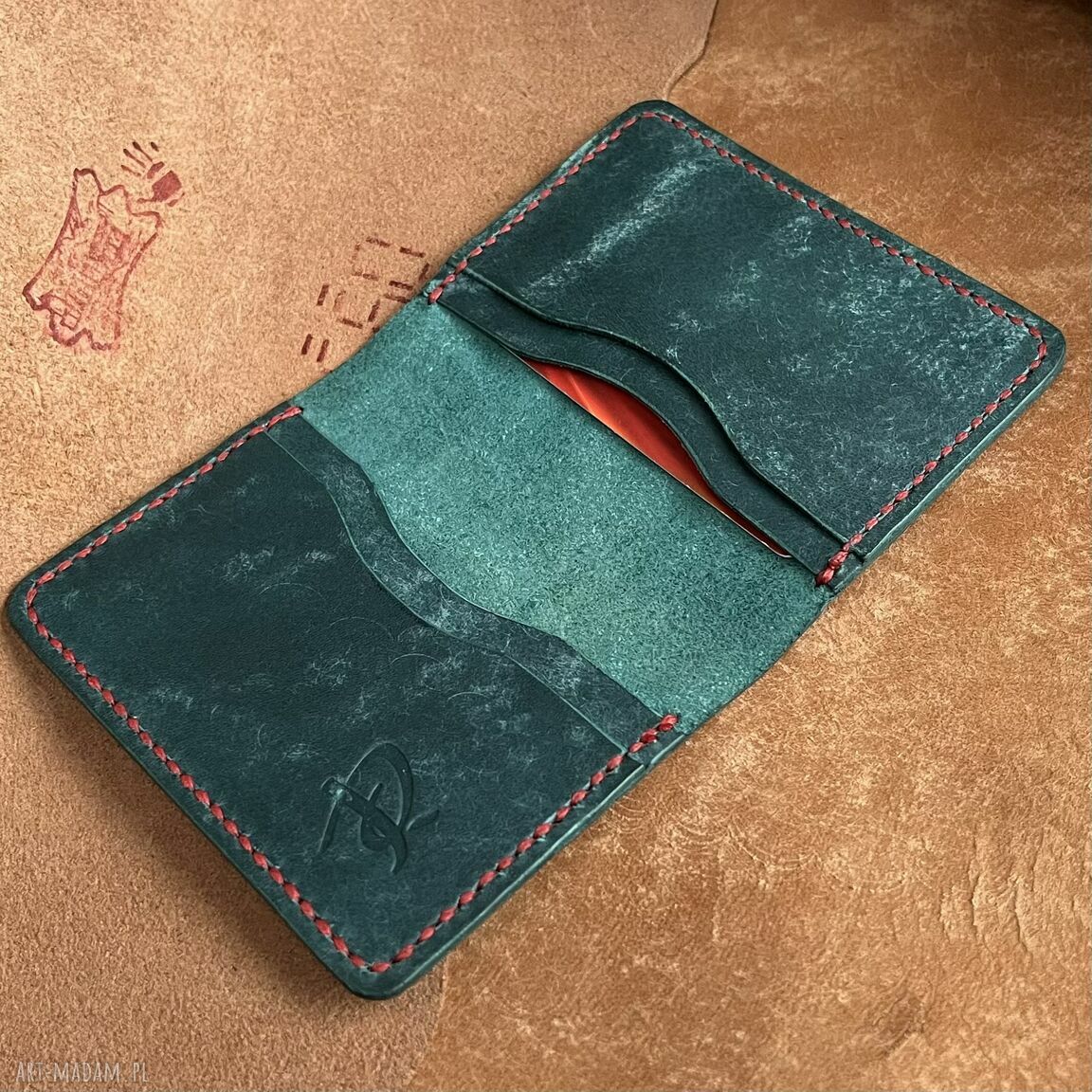 portfele: Turkusowy portfel na karty ze skóry uszyty. ręcznie wykonane