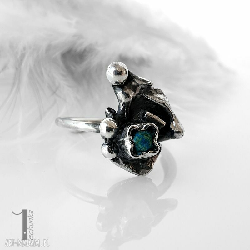 pierścionki: Turkusowy skrzat srebrny pierścionek z turkusem afrykańskim Hand Made