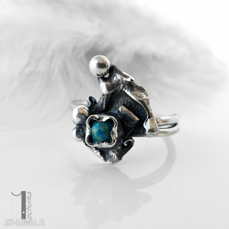 pierścionki: Turkusowy skrzat srebrny pierścionek z turkusem afrykańskim Hand Made
