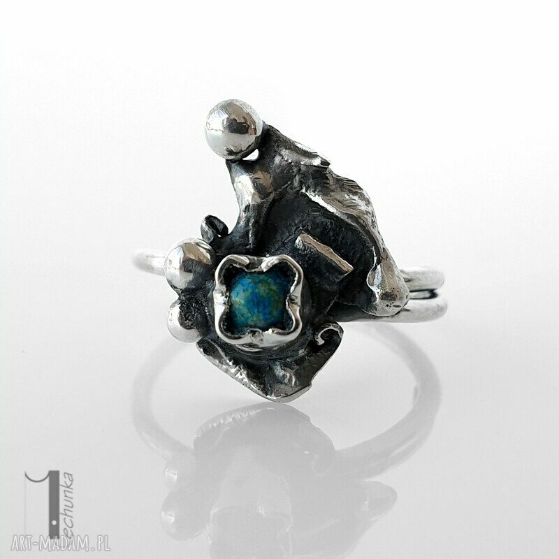 pierścionki: Turkusowy skrzat srebrny pierścionek z turkusem afrykańskim Hand Made