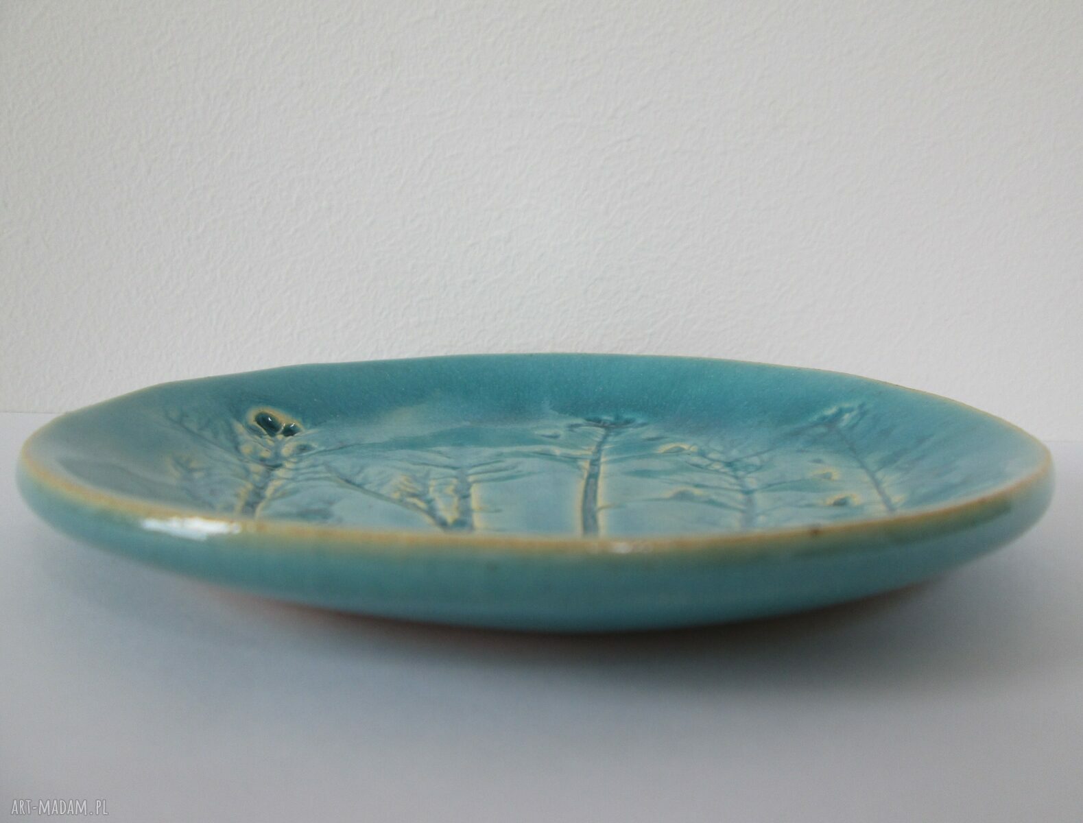 Turkusowy ceramiczny talerzyk z odbiciem roślin