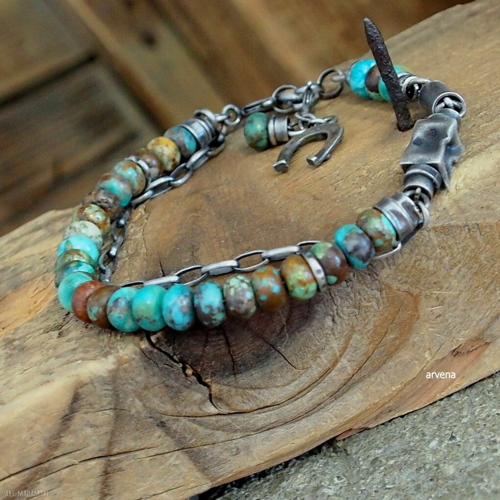 TURKUSY - bransoletka ze srebra oksydowanego 925 i naturalnego turkusu charms