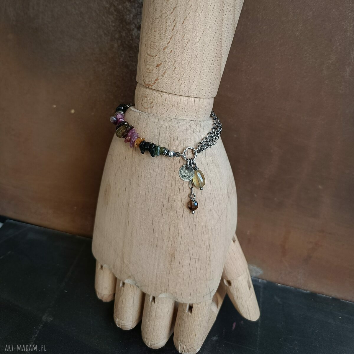 Turmalin i szafir w srebrze 925 - oksydowana bransoletka 18 cm z regulacją