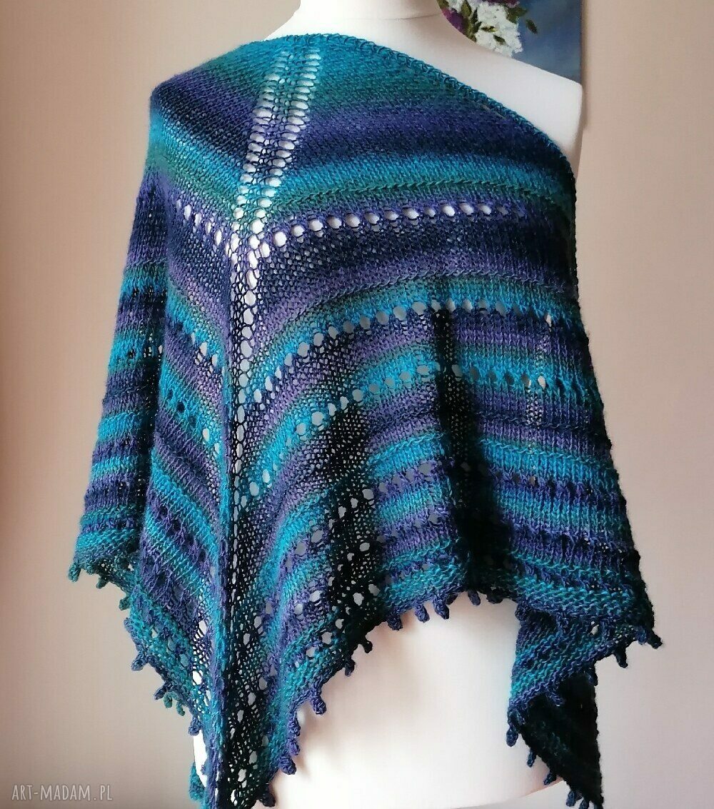 Turquoise większa chusta na drutach - ręcznie robiona, ażurowa