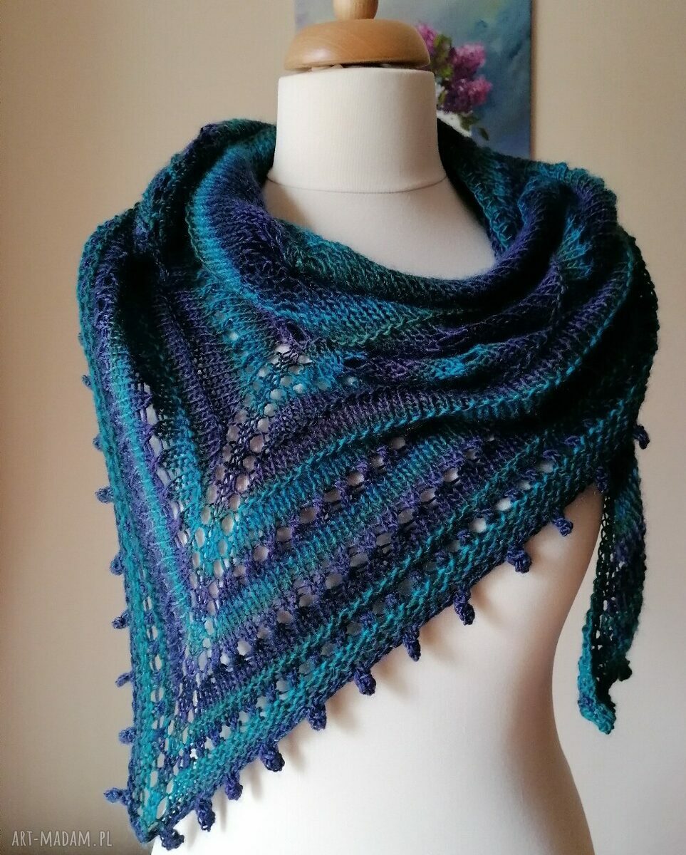 Turquoise większa chusta na drutach - ręcznie robiona, ażurowa