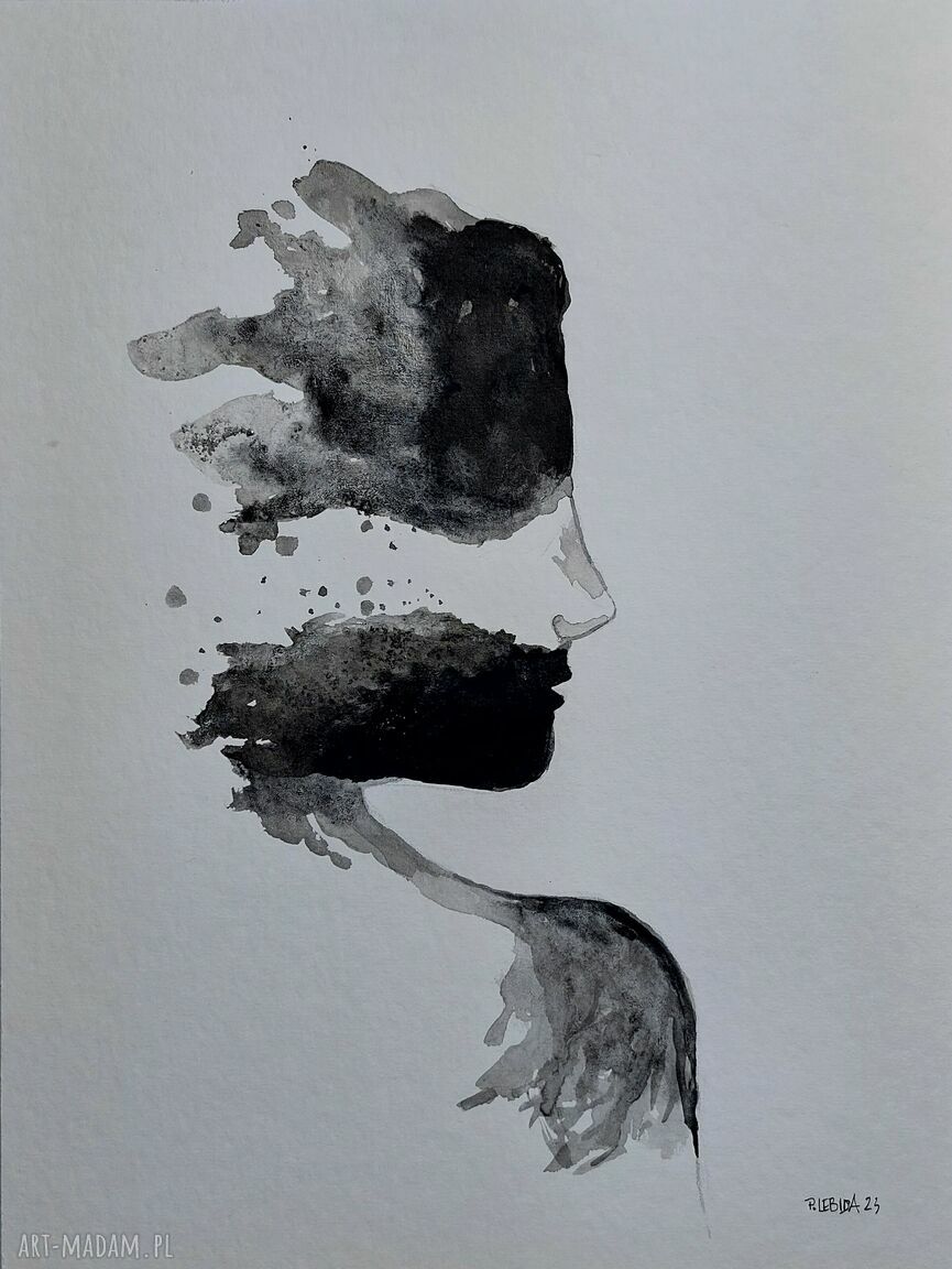Obraz z tuszu - twarz na papierze akwarelowym 24 x 32 cm