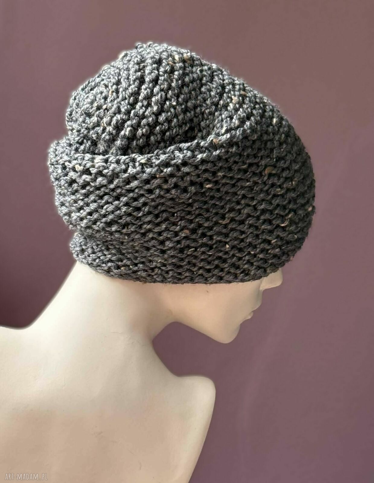 Stalowoszara tweedowa czapka zimowa handmade