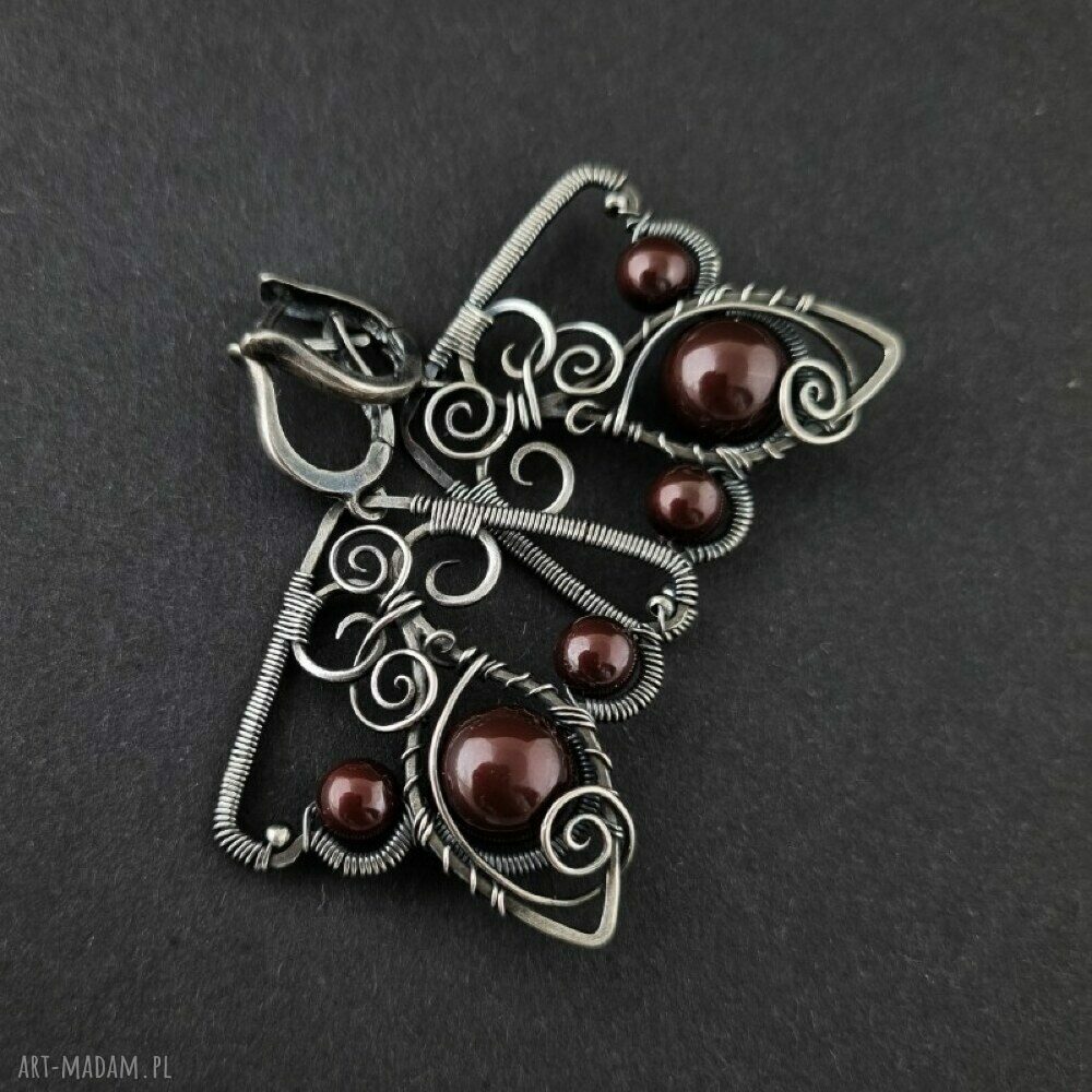 Twisted Maroon - kolczyki lub klipsy wire wrapping z oksydowanego srebra i pereł Swarovski