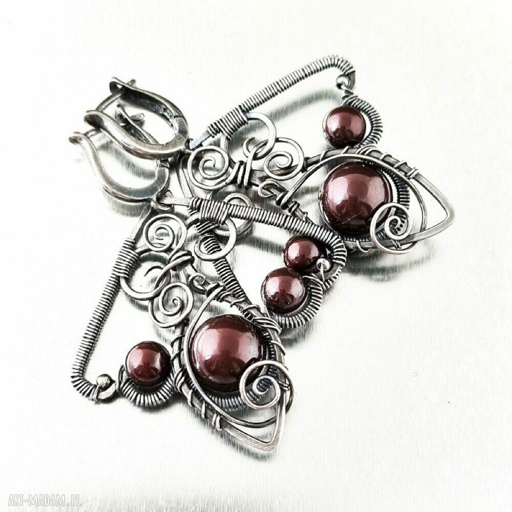 Twisted Maroon - kolczyki lub klipsy wire wrapping z oksydowanego srebra i pereł Swarovski