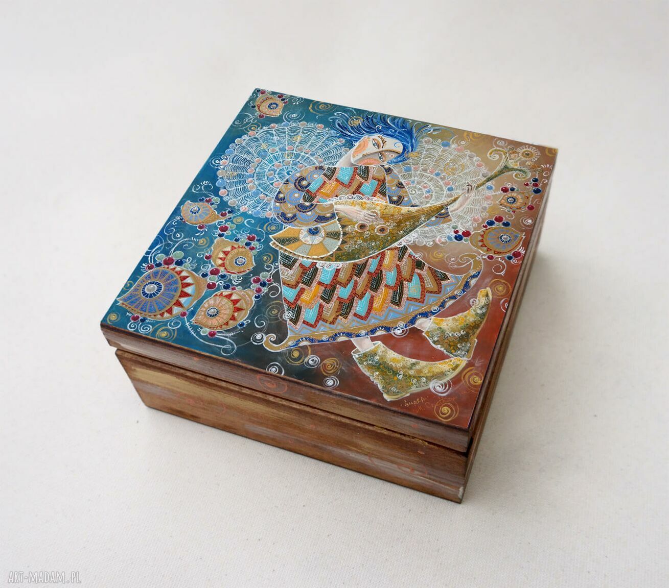 Drewniana szkatułka na skarby decoupage - muzyka spotyka ocean