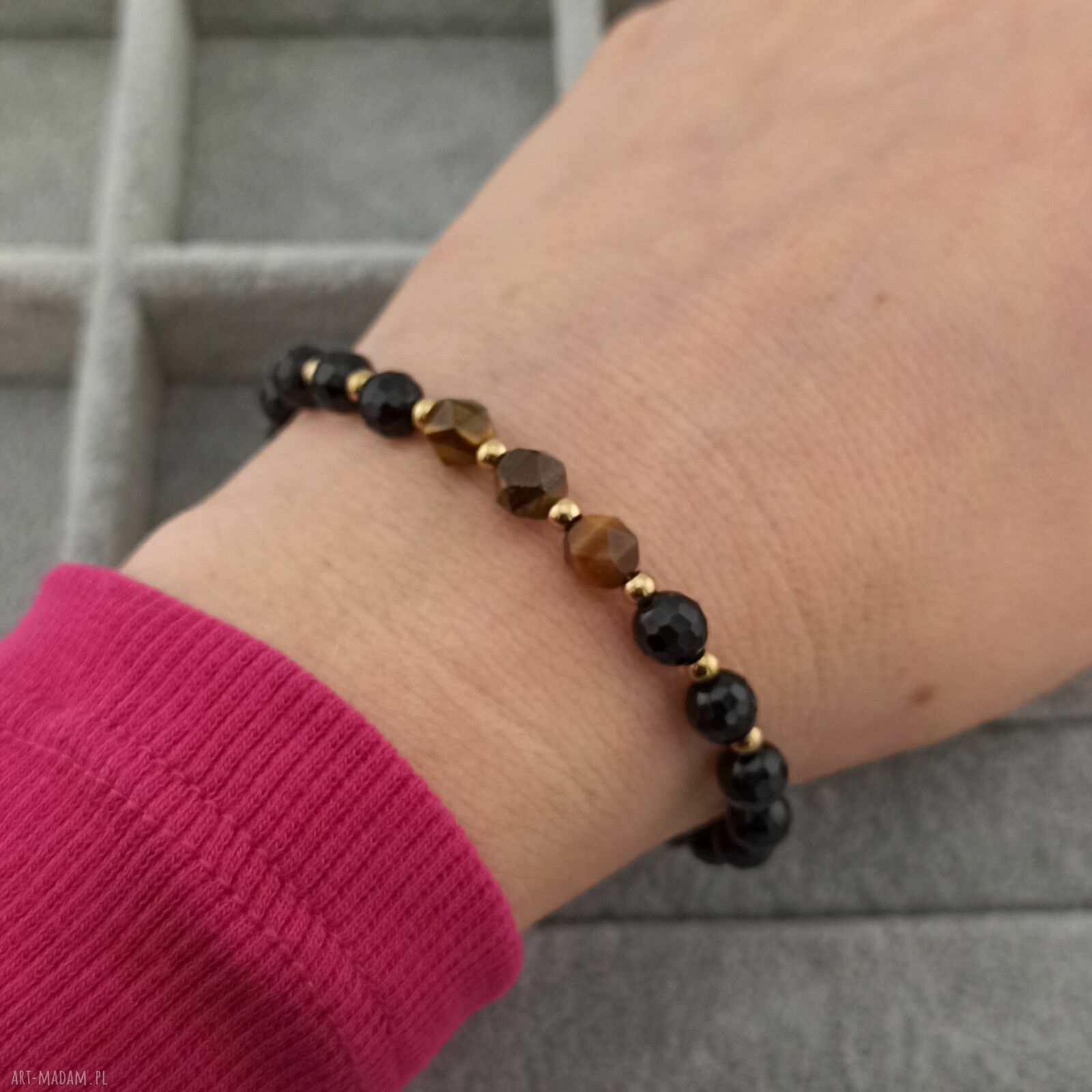 Bransoletka tygrysie oko i onyks - damska handmade z kamieni naturalnych