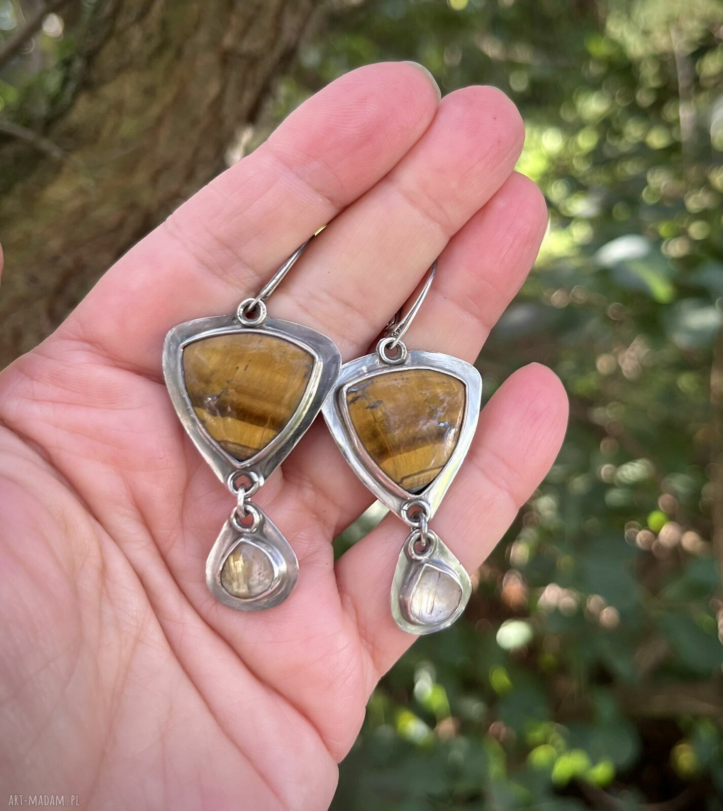 Kolczyki Tygrysie Oko i Jesienne Liście - srebrne wiszące, handmade
