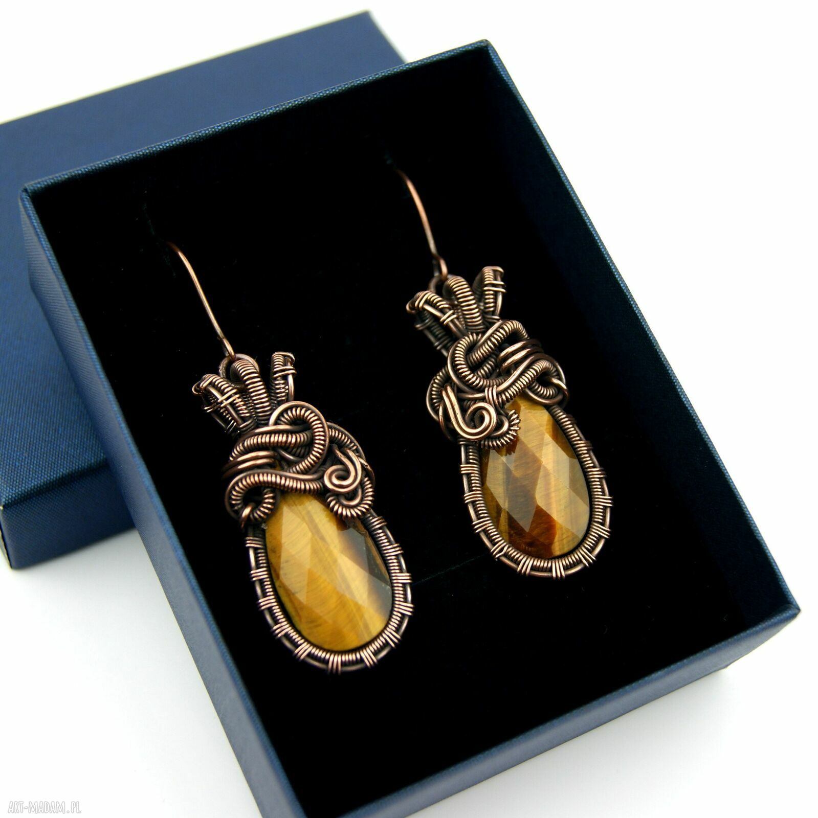 Kolczyki z tygrysim okiem - ręcznie robione wire wrapping z oksydowanej miedzi