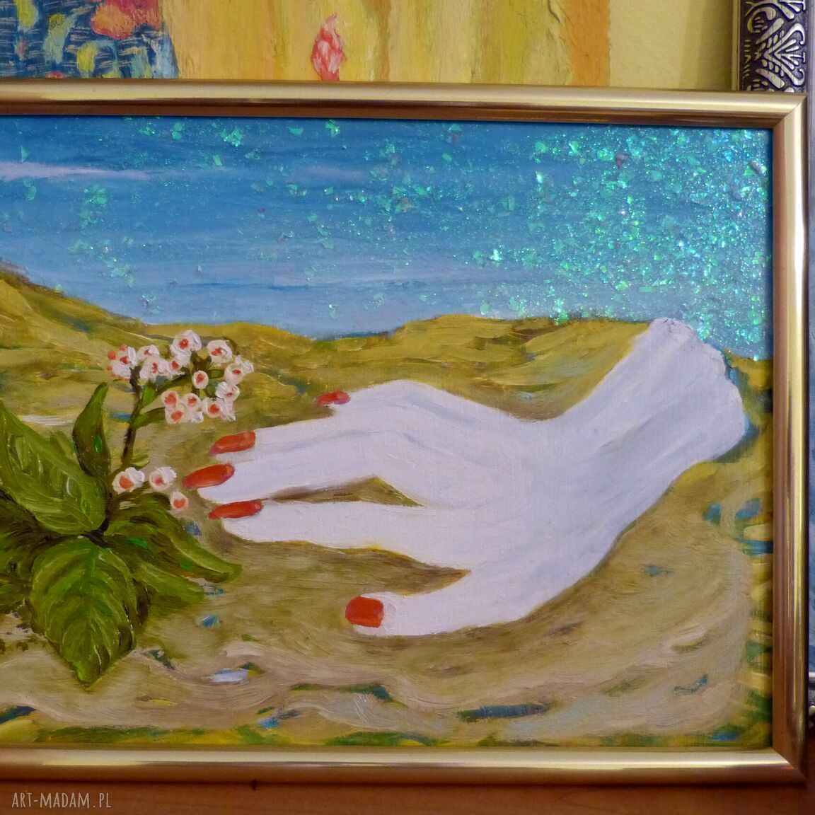 Tylko się nie zakochaj - obraz olejny pejzaż z brokatem w złocistej ramce 22x31 cm