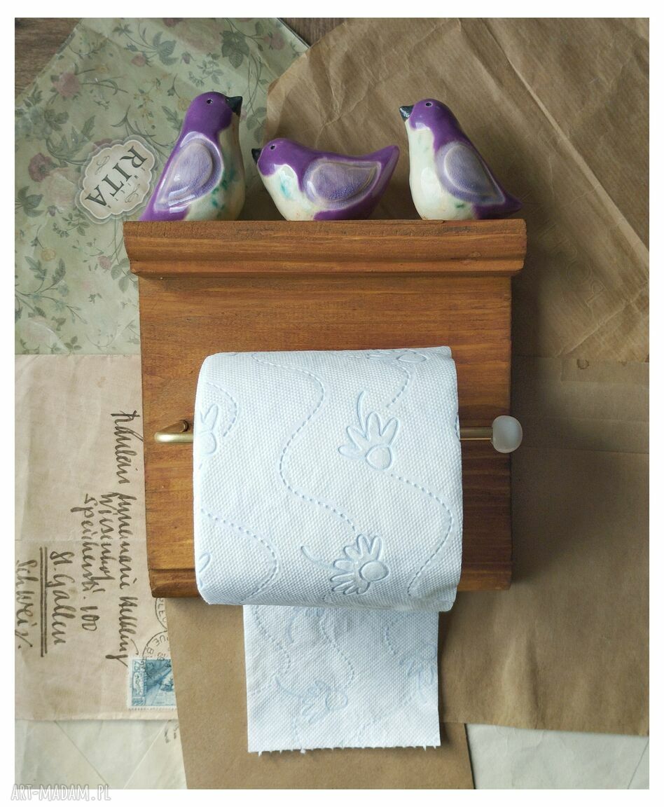 Uchwyt na papier toaletowy z fioletowymi ptaszkami - drewno i ceramika (vintage)